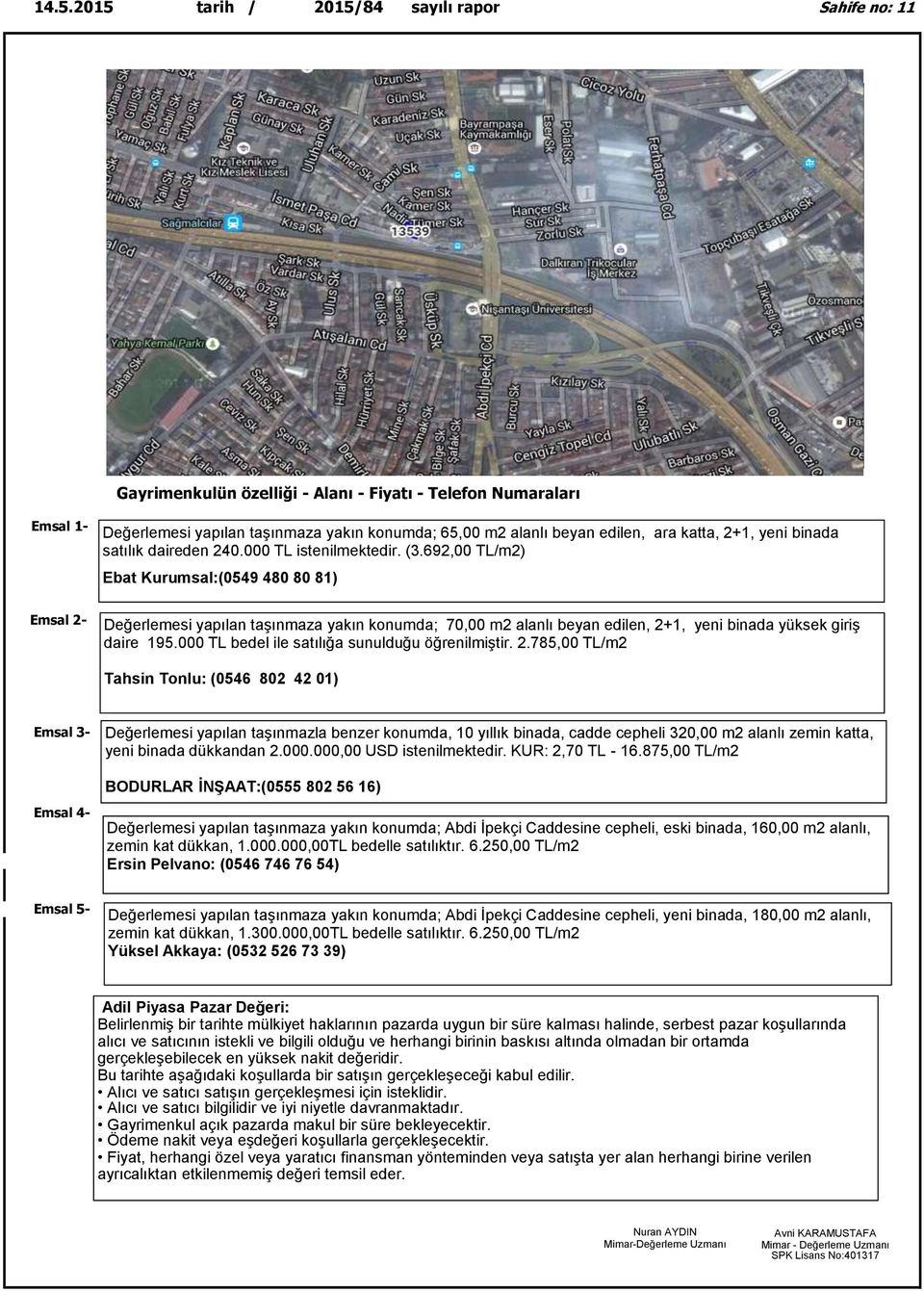 692,00 TL/m2) Ebat Kurumsal:(0549 480 80 81) Emsal 2- Değerlemesi yapılan taşınmaza yakın konumda; 70,00 m2 alanlı beyan edilen, 2+1, yeni binada yüksek giriş daire 195.