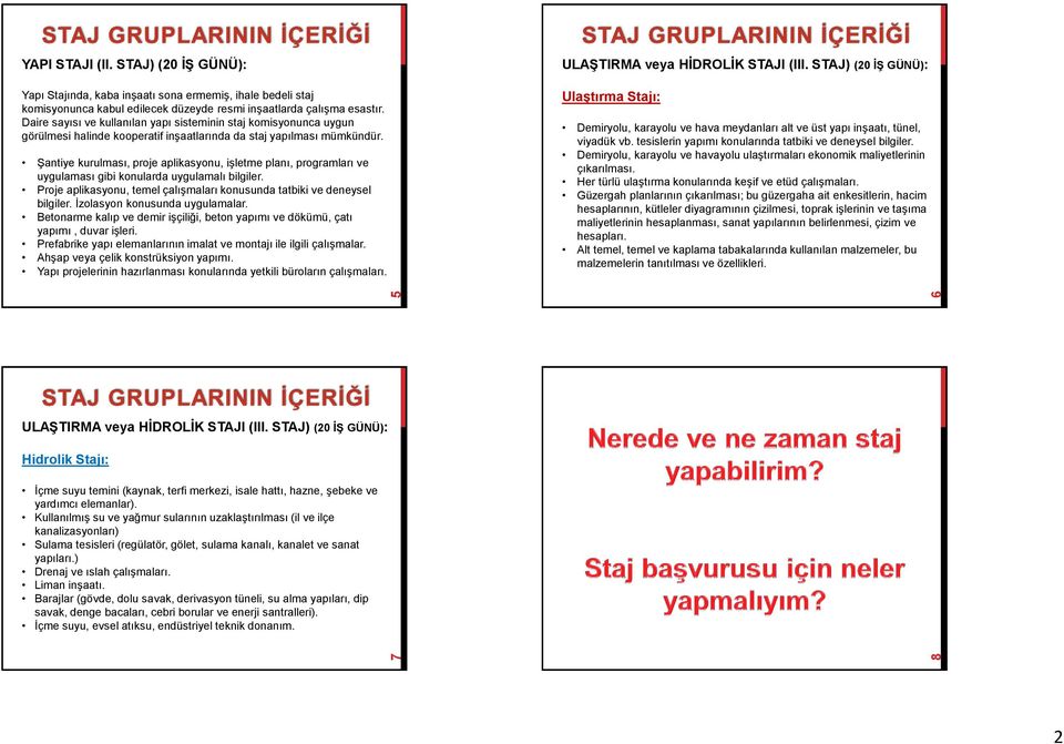 Şantiye kurulması, proje aplikasyonu, işletme planı, programları ve uygulaması gibi konularda uygulamalı bilgiler. Proje aplikasyonu, temel çalışmaları konusunda tatbiki ve deneysel bilgiler.