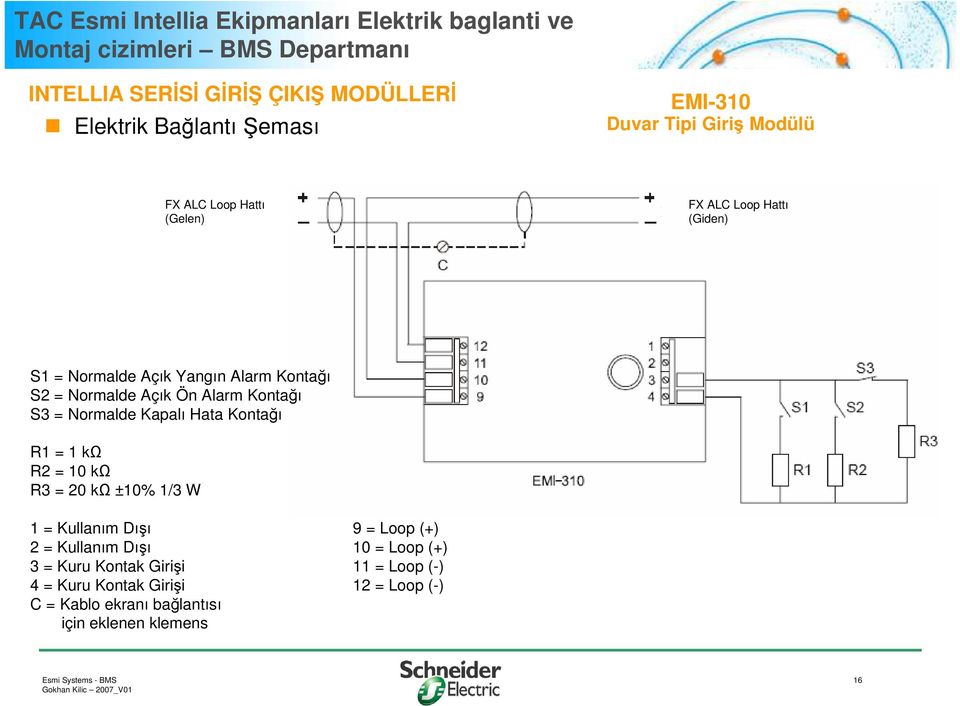 = 1 kω R2 = 10 kω R3 = 20 kω ±10% 1/3 W 1 = Kullanım Dışı 9 = Loop (+) 2 = Kullanım Dışı 10 = Loop (+) 3 = Kuru