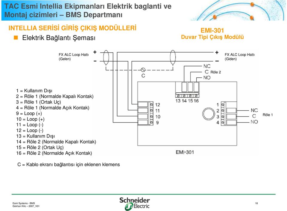 Kontak) 9 = Loop (+) 10 = Loop (+) 11 = Loop (-) 12 = Loop (-) 13 = Kullanım Dışı 14 = Röle 2 (Normalde Kapalı