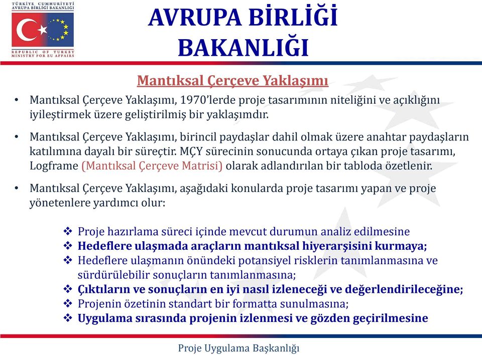 MÇY sürecinin sonucunda ortaya çıkan proje tasarımı, Logframe (Mantıksal Çerçeve Matrisi) olarak adlandırılan bir tabloda özetlenir.