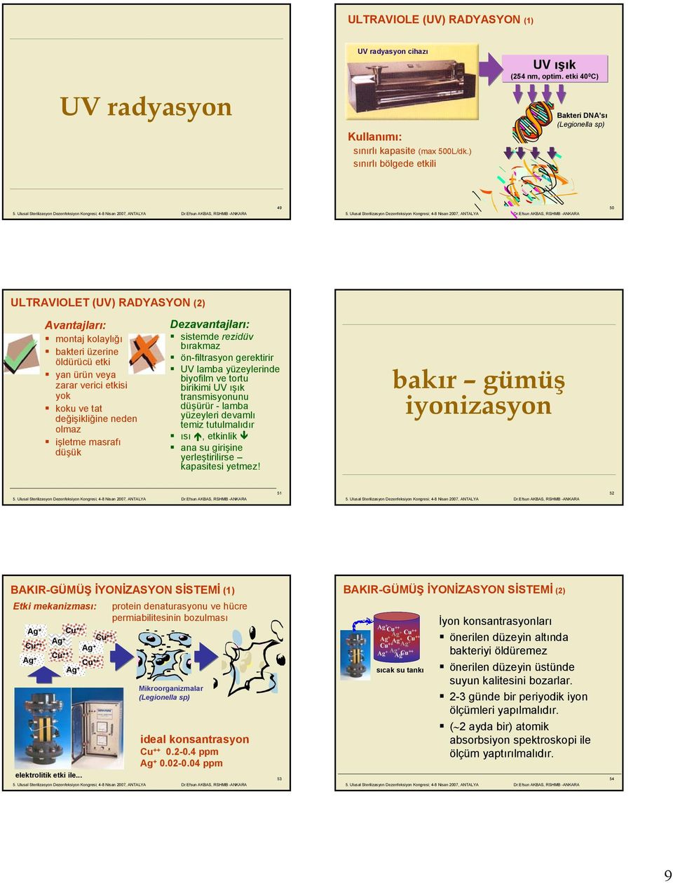 işletme masrafı düşük sistemde rezidüv bırakmaz önfiltrasyon gerektirir UV lamba yüzeylerinde biyofilm ve tortu birikimi UV ışık transmisyonunu düşürür lamba yüzeyleri devamlı temiz tutulmalıdır ısı,