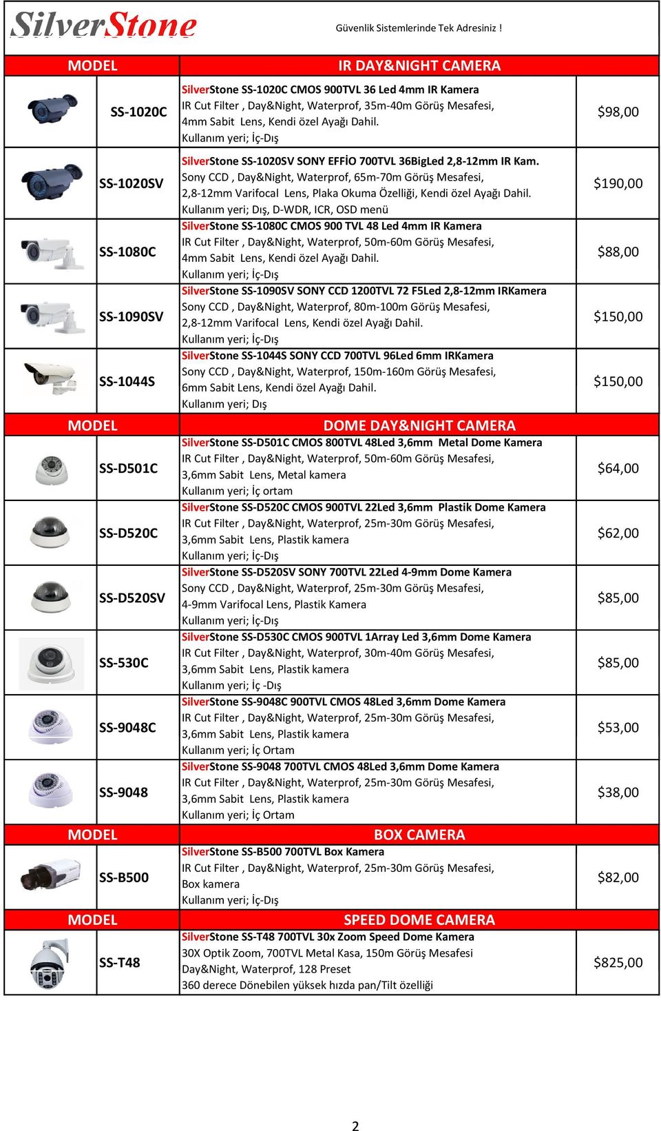 Sony CCD, Day&Night, Waterprof, 65m-70m Görüş Mesafesi, $190,00 2,8-12mm Varifocal Lens, Plaka Okuma Özelliği, Kendi özel Ayağı Dahil.