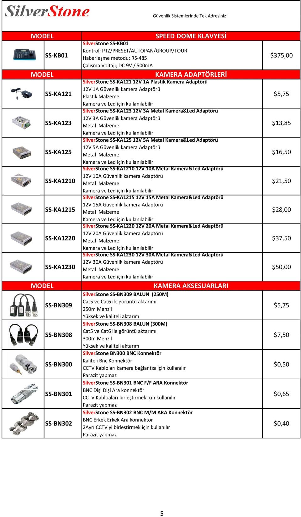 SilverStone SS-KA123 12V 3A Metal Kamera&Led Adaptörü 12V 3A Güvenlik kamera Adaptörü $13,85 SilverStone SS-KA125 12V 5A Metal Kamera&Led Adaptörü 12V 5A Güvenlik kamera Adaptörü $16,50 SilverStone