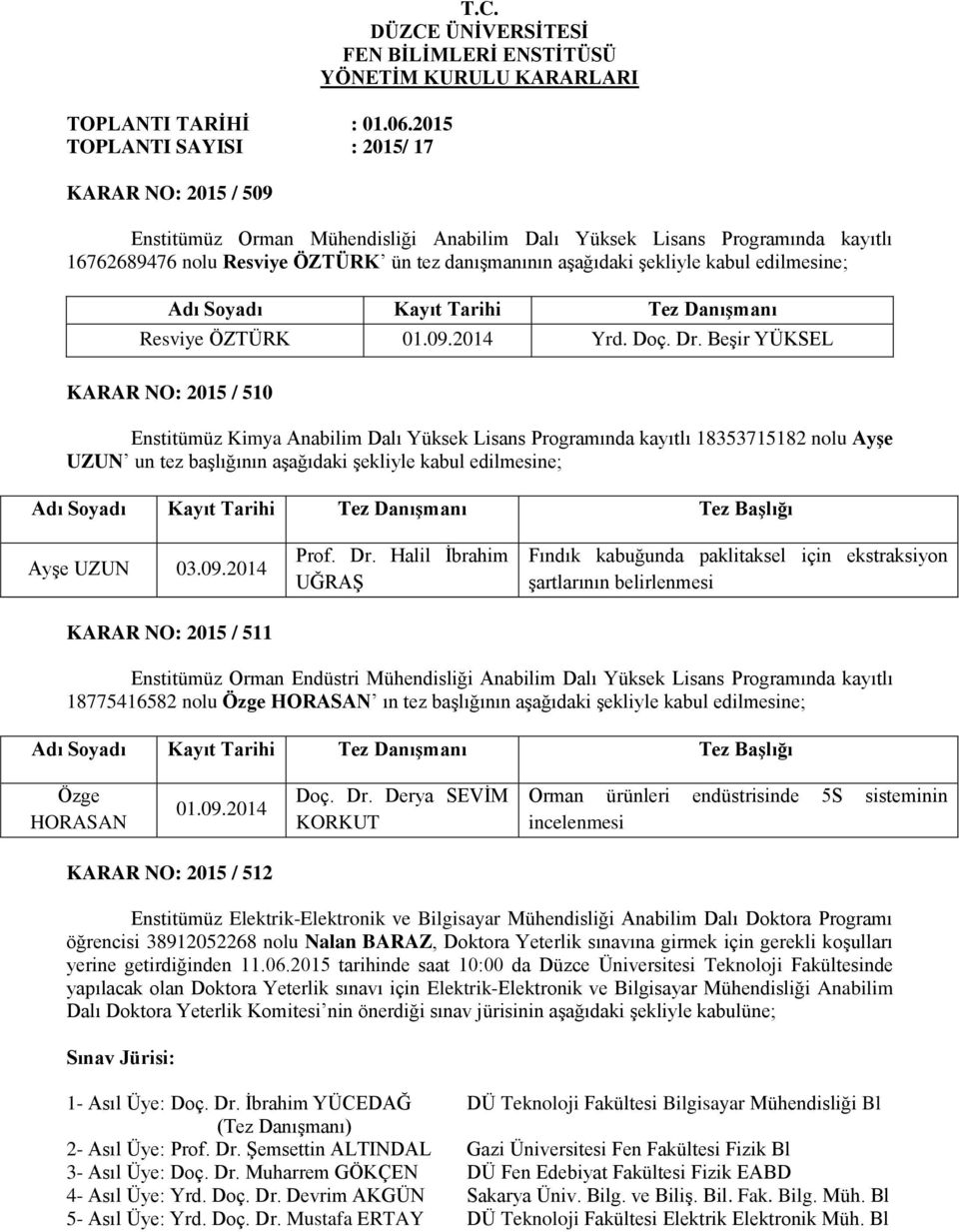 aşağıdaki şekliyle kabul edilmesine; Adı Soyadı Kayıt Tarihi Tez Danışmanı Resviye ÖZTÜRK 01.09.2014 Yrd. Doç. Dr.