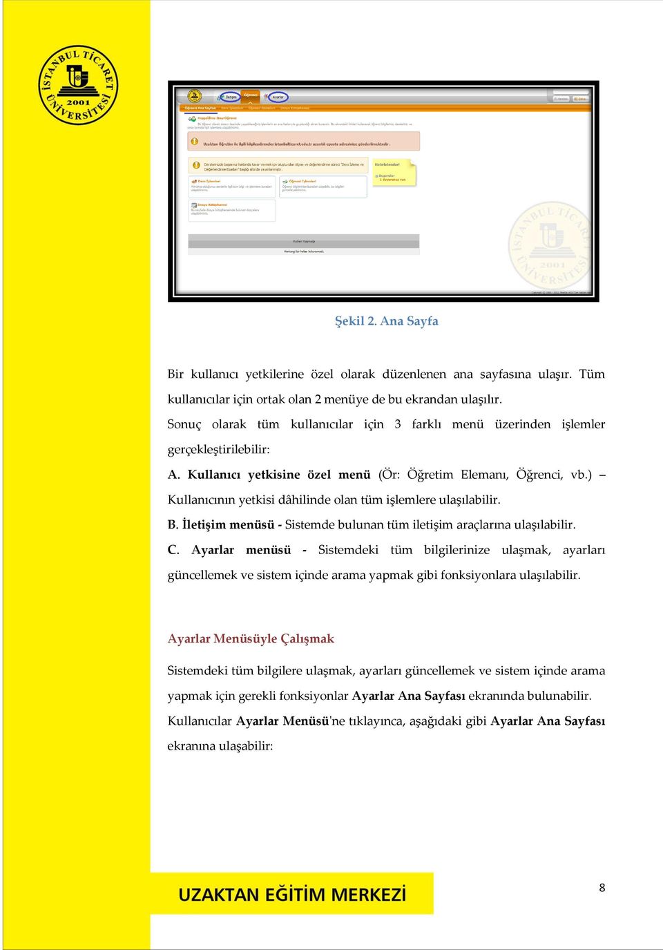 ) Kullanıcının yetkisi dâhilinde olan tüm işlemlere ulaşılabilir. B. İletişim menüsü - Sistemde bulunan tüm iletişim araçlarına ulaşılabilir. C.