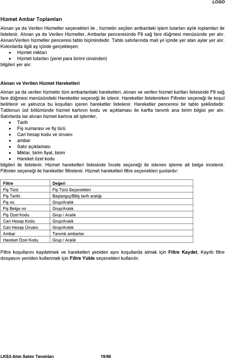 Tablo satırlarında mali yıl içinde yer alan aylar yer alır. Kolonlarda ilgili ay içinde gerçekleşen; Hizmet miktarı Hizmet tutarları (yerel para birimi cinsinden) bilgileri yer alır.