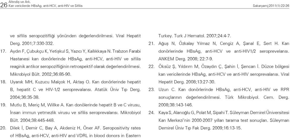 Trabzon Farabi Hastanesi kan donörlerinde HBsAg, anti-hcv, anti-hiv ve sifilis reaginik antikor seropozifliğinin retrospektif olarak değerlendirilmesi. Mikrobiyol Bült. 2002;36:85-90. 18.