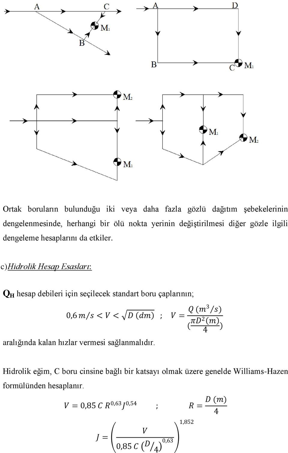 c) Hidrolik Hesap Esasları: Q H hesap debileri için seçilecek standart boru çaplarının; 0,6 m s < V < D dm ; V = Q (m3 s) ( πd2 m 4 )