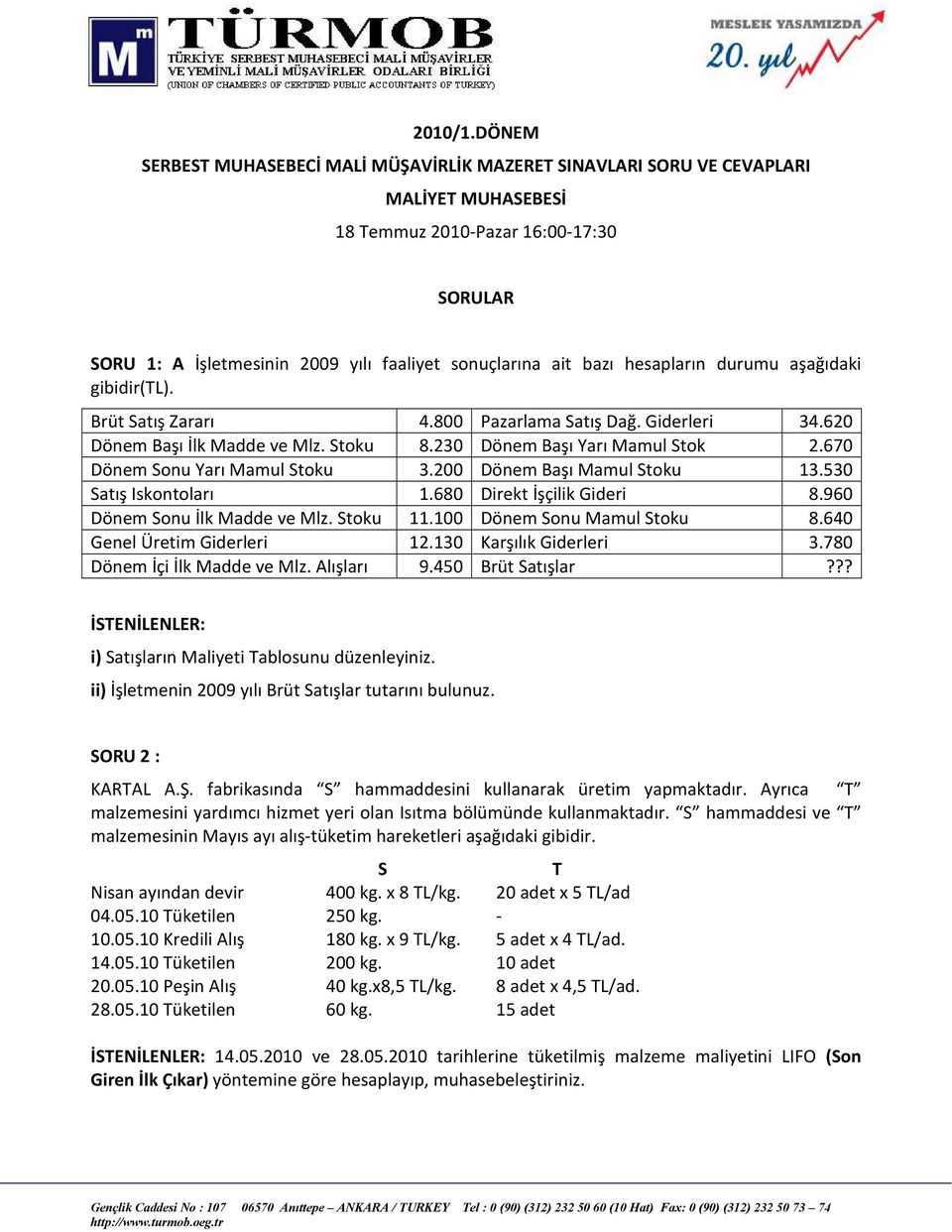 hesapların durumu aşağıdaki gibidir(tl). Brüt Satış Zararı 4.800 Pazarlama Satış Dağ. Giderleri 34.620 Dönem Başı İlk Madde ve Mlz. Stoku 8.230 Dönem Başı Yarı Mamul Stok 2.