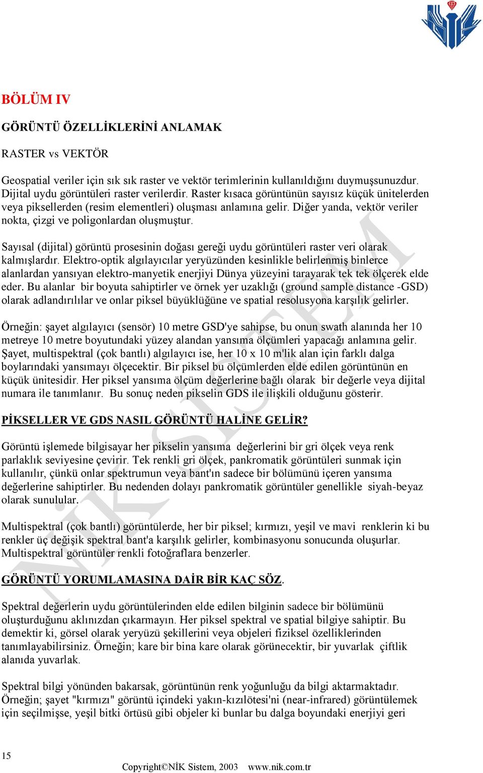 Sayısal (dijital) görüntü prosesinin doğası gereği uydu görüntüleri raster veri olarak kalmışlardır.