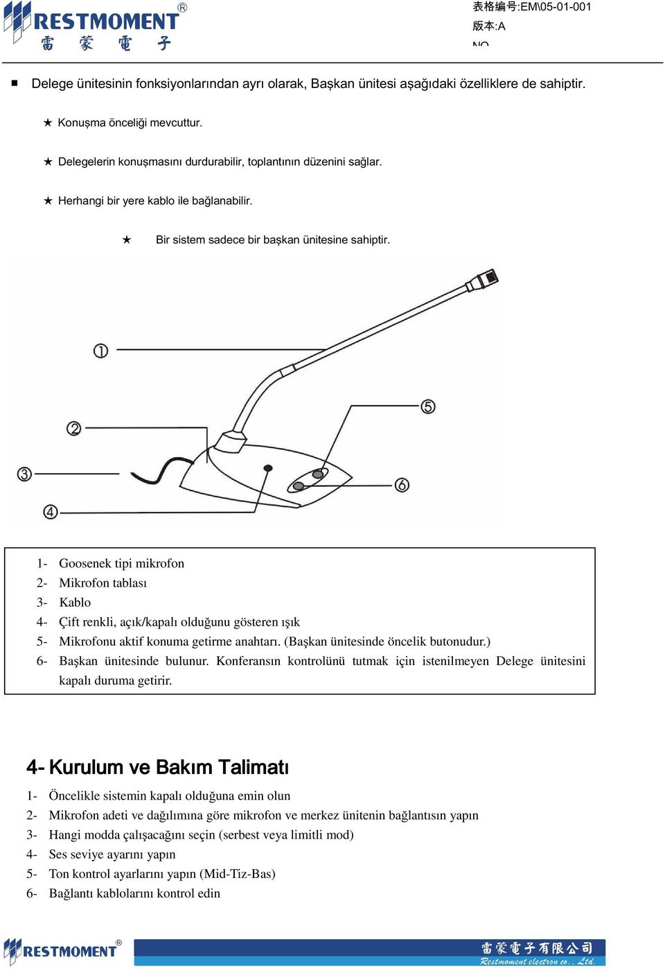 1- Goosenek tipi mikrofon 2- Mikrofon tablası 3- Kablo 4- Çift renkli, açık/kapalı olduğunu gösteren ışık 5- Mikrofonu aktif konuma getirme anahtarı. (Başkan ünitesinde öncelik butonudur.