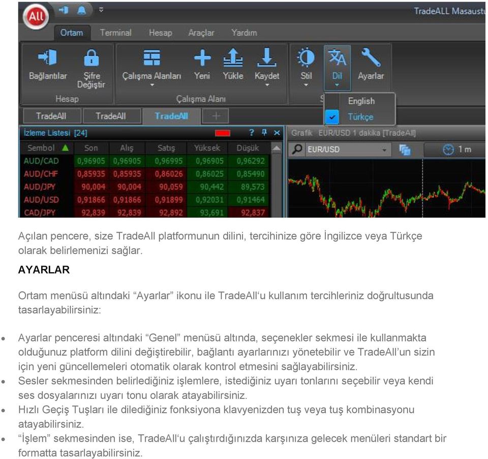 kullanmakta olduğunuz platform dilini değiştirebilir, bağlantı ayarlarınızı yönetebilir ve TradeAll un sizin için yeni güncellemeleri otomatik olarak kontrol etmesini sağlayabilirsiniz.