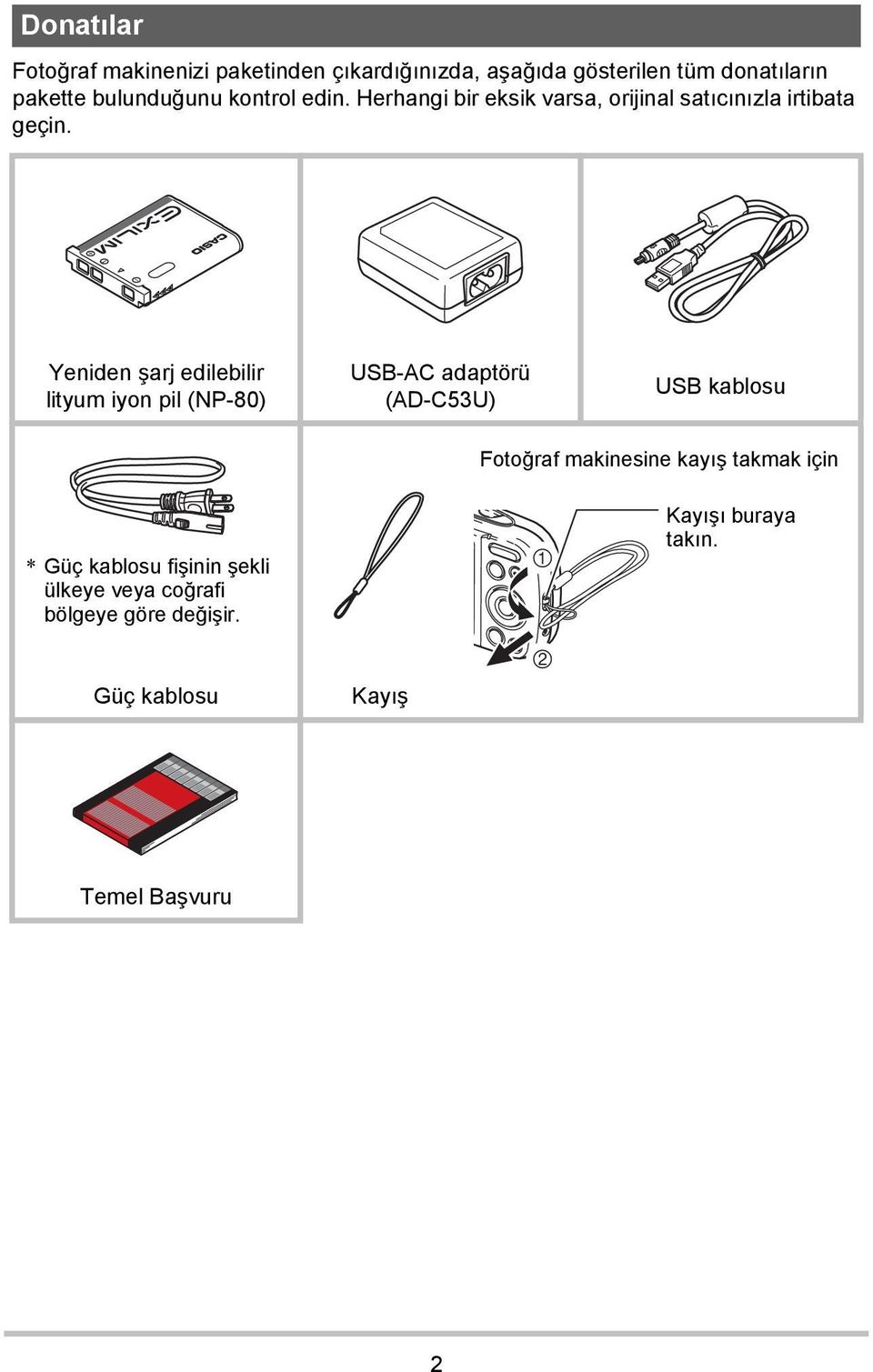 Yeniden şarj edilebilir lityum iyon pil (NP-80) USB-AC adaptörü (AD-C53U) USB kablosu Fotoğraf makinesine