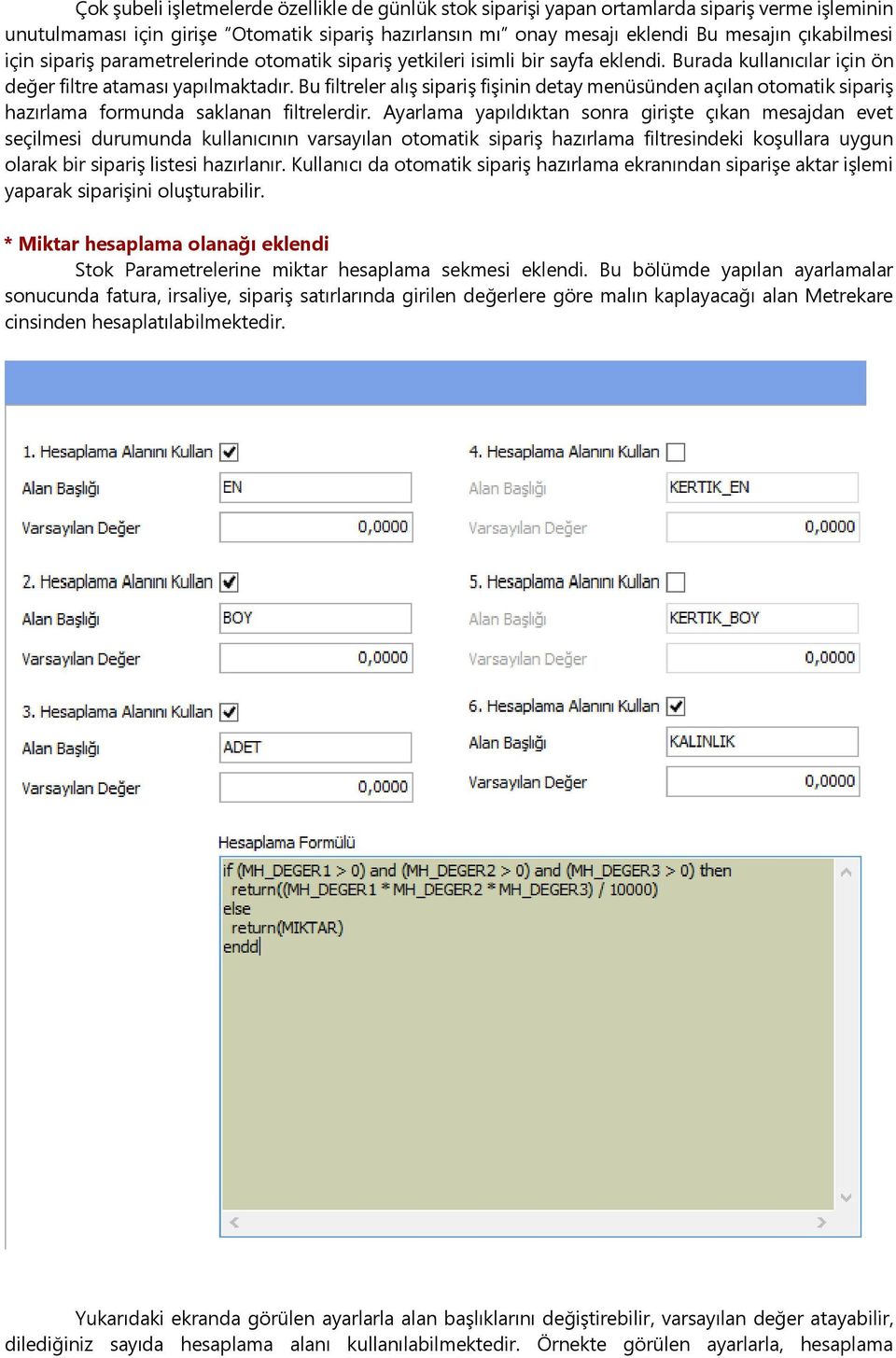 Bu filtreler alış sipariş fişinin detay menüsünden açılan otomatik sipariş hazırlama formunda saklanan filtrelerdir.