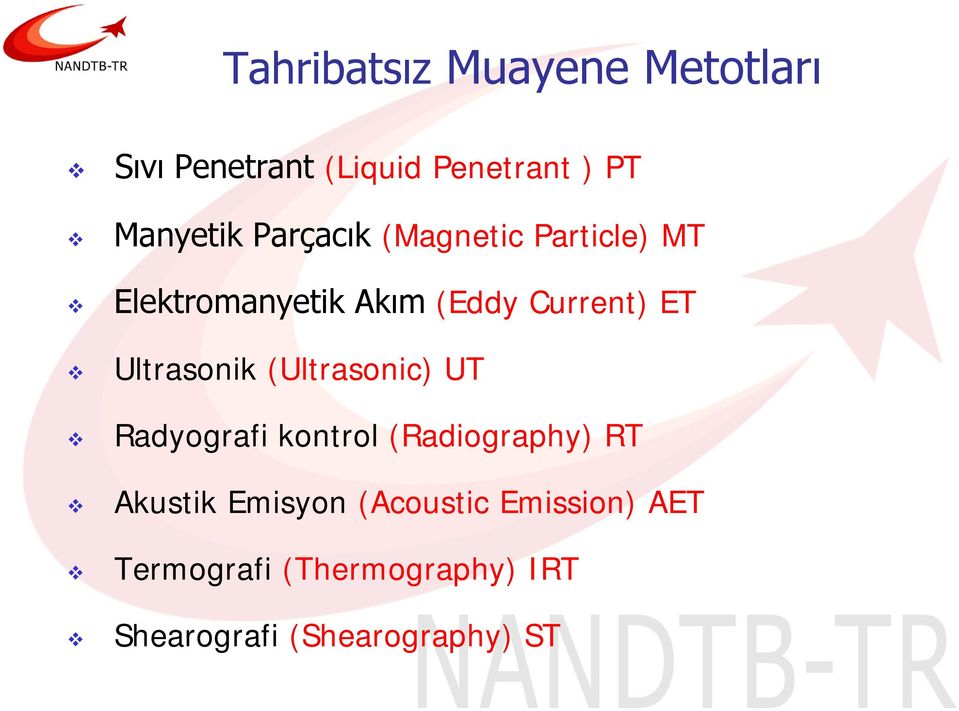 Ultrasonik (Ultrasonic) UT Radyografi kontrol (Radiography) RT Akustik