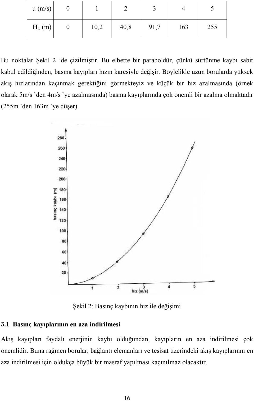 Böylelikle uzun borularda yüksek akış hızlarından kaçınmak gerektiğini görmekteyiz ve küçük bir hız azalmasında (örnek olarak 5m/s den 4m/s ye azalmasında) basma kayıplarında çok önemli bir