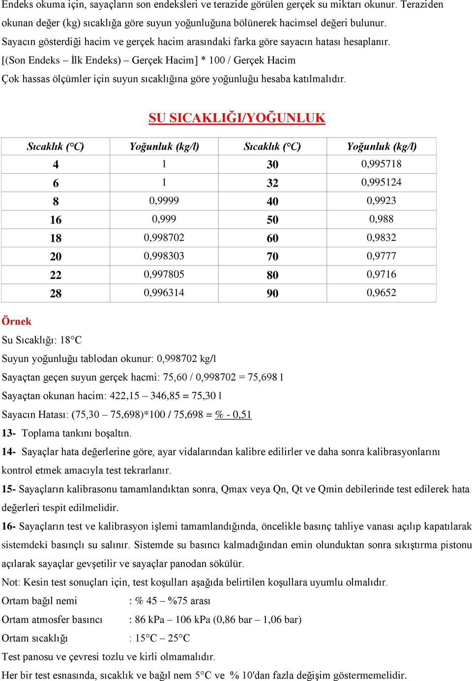 [(Son Endeks İlk Endeks) Gerçek Hacim] * 100 / Gerçek Hacim Çok hassas ölçümler için suyun sıcaklığına göre yoğunluğu hesaba katılmalıdır.