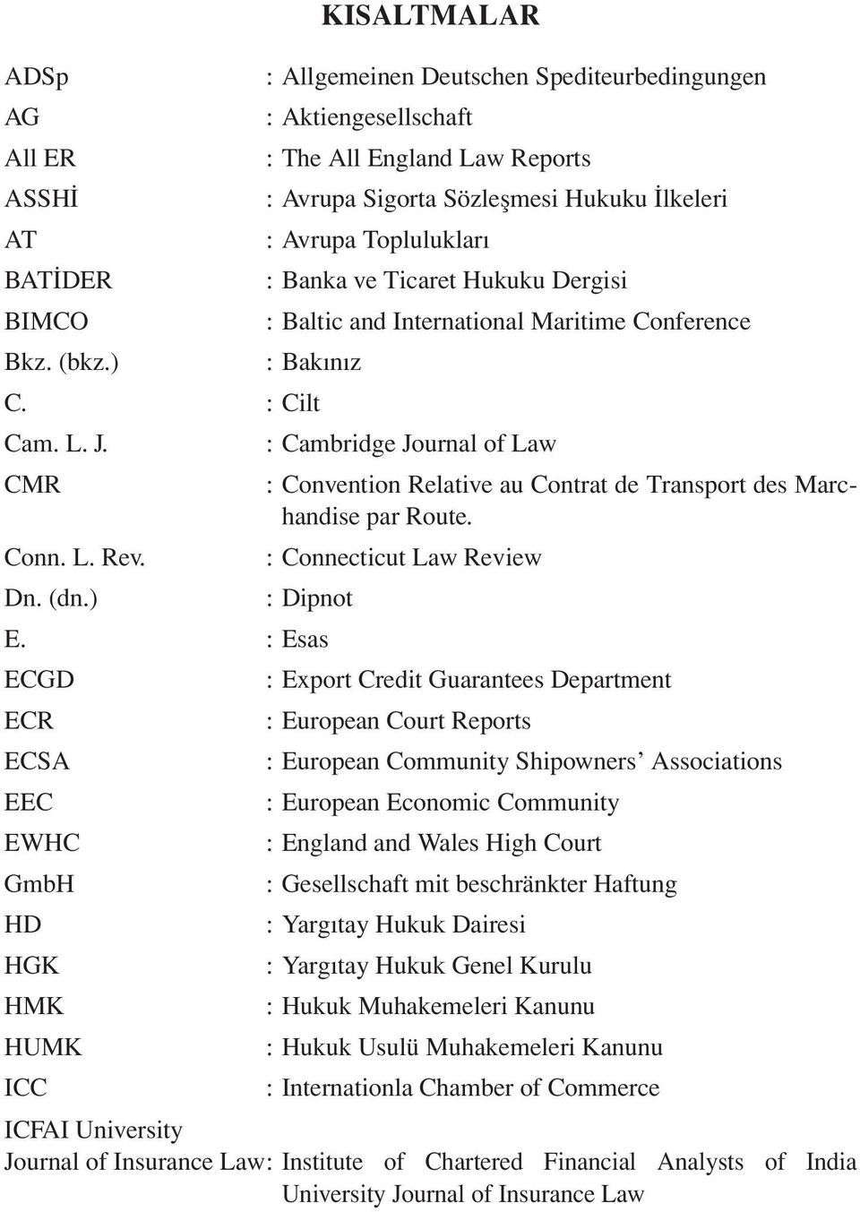 Hukuku Dergisi : Baltic and International Maritime Conference : Bakınız C. : Cilt Cam. L. J. CMR Conn. L. Rev. Dn. (dn.