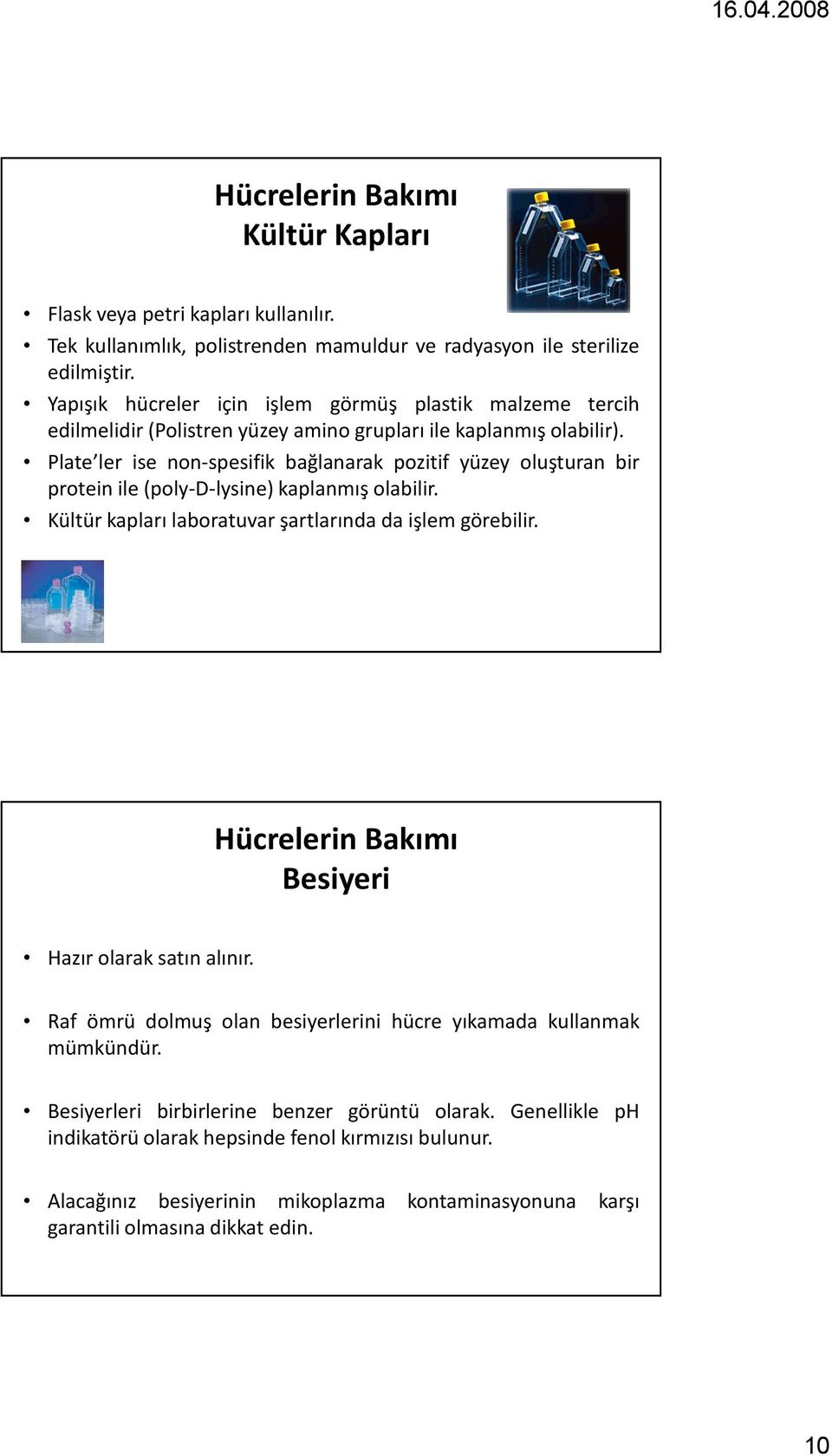 Plate ler ise non-spesifik bağlanarak pozitif yüzey oluşturan bir protein ile(poly-d-lysine) kaplanmış olabilir. Kültür kapları laboratuvar şartlarında da işlem görebilir.