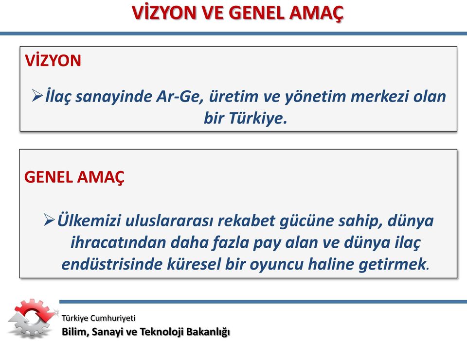 GENEL AMAÇ Ülkemizi uluslararası rekabet gücüne sahip, dünya