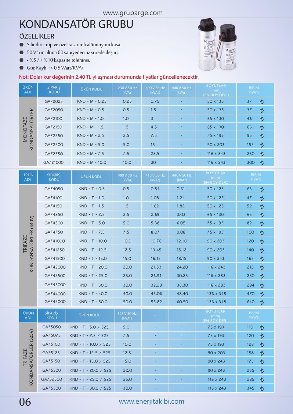 40 TL yi aşması durumunda fiyatlar güncellenecektir. V 50 Hz 0.25 0.5 1.0 2.5 V 50 Hz 0.75 3 4.5 15 22.5 440 V 50 Hz (ENBOYDER.