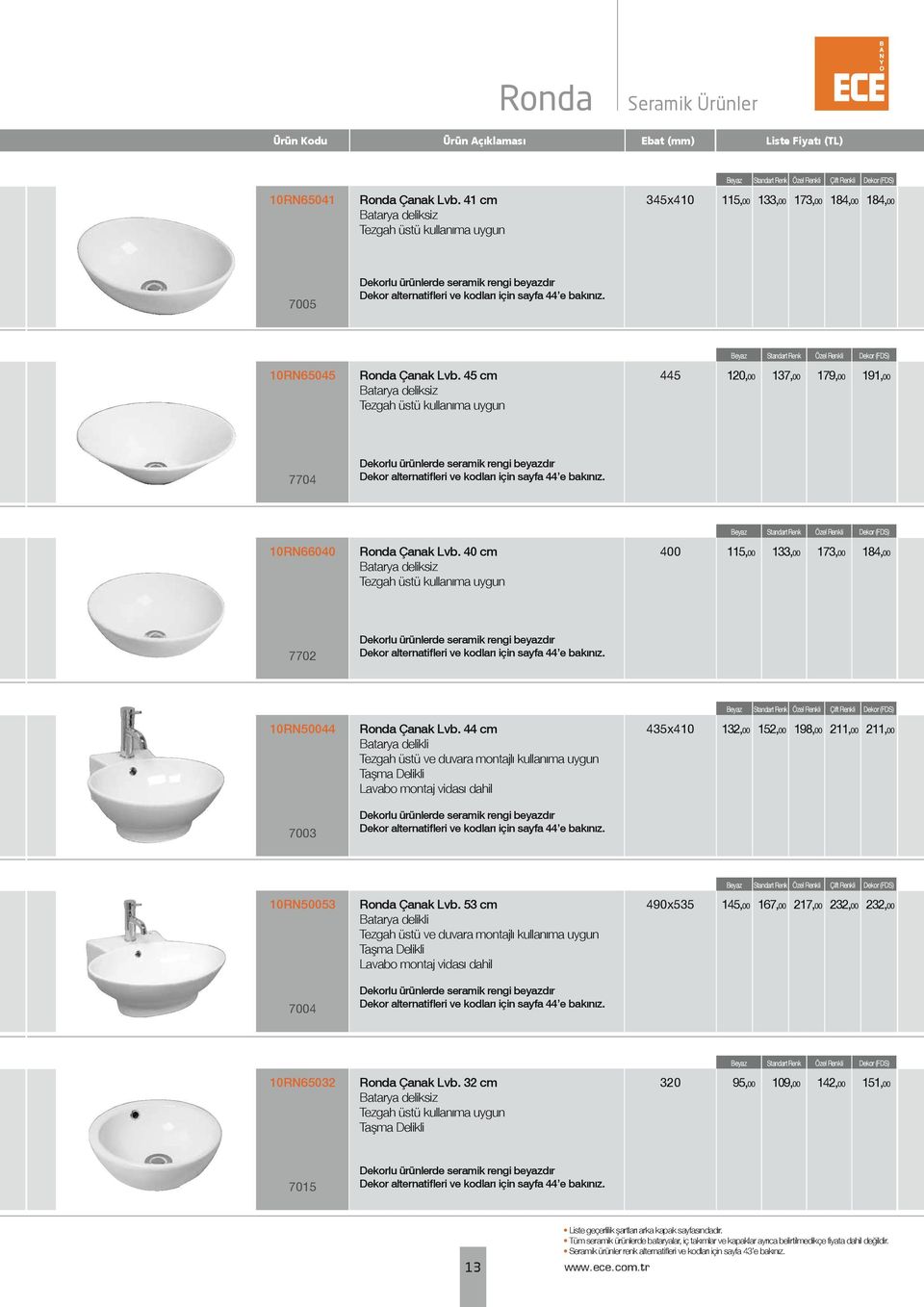 Dekorlu ürünlerde seramik rengi beyazdır Dekor alternatifleri ve kodları için sayfa 44 e bakınız. 10RN65045 Ronda Çanak Lvb.