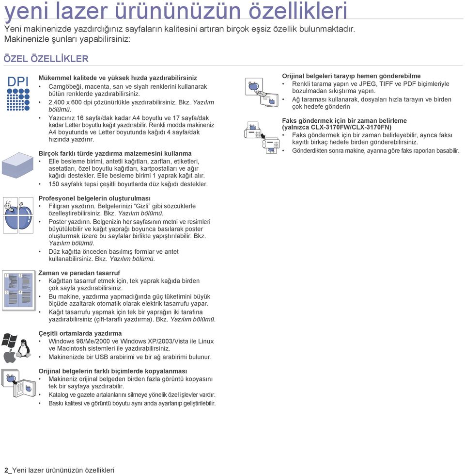 400 x 600 dpi çözünürlükle yazdırabilirsiniz. Bkz. Yazılım bölümü. Yazıcınız 16 sayfa/dak kadar A4 boyutlu ve 17 sayfa/dak kadar Letter boyutlu kağıt yazdırabilir.