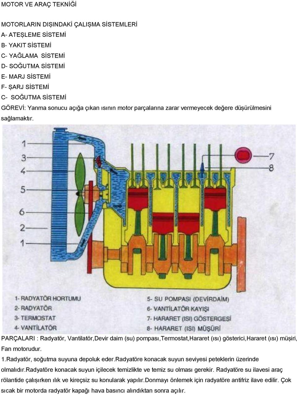 PARÇALARI : Radyatör, Vantilatör,Devir daim (su) pompası,termostat,hararet (ısı) gösterici,hararet (ısı) müşiri, Fan motorudur. 1.Radyatör, soğutma suyuna depoluk eder.