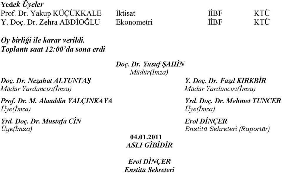 Dr. M. Alaaddin YALÇINKAYA (İmza) Yrd. Doç. Dr. Mustafa CİN (İmza) 04.01.2011 ALI GİBİDİR Enstitü ekreteri Yrd. Doç. Dr. Mehmet TUNCER (İmza) Enstitü ekreteri (Raportör)