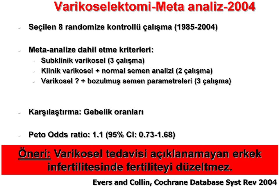 + bozulmuş semen parametreleri (3 çalışma) Karşılaştırma: Gebelik oranları Peto Odds ratio: 1.1 (95% CI: 0.73-1.