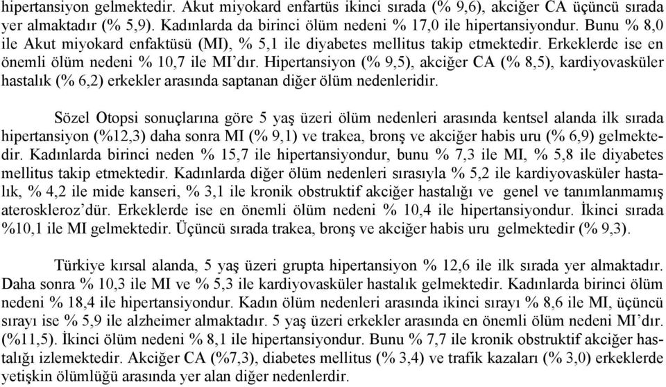 Hipertansiyon (% 9,5), akciğer CA (% 8,5), kardiyovasküler hastalık (% 6,2) erkekler arasında saptanan diğer ölüm nedenleridir.