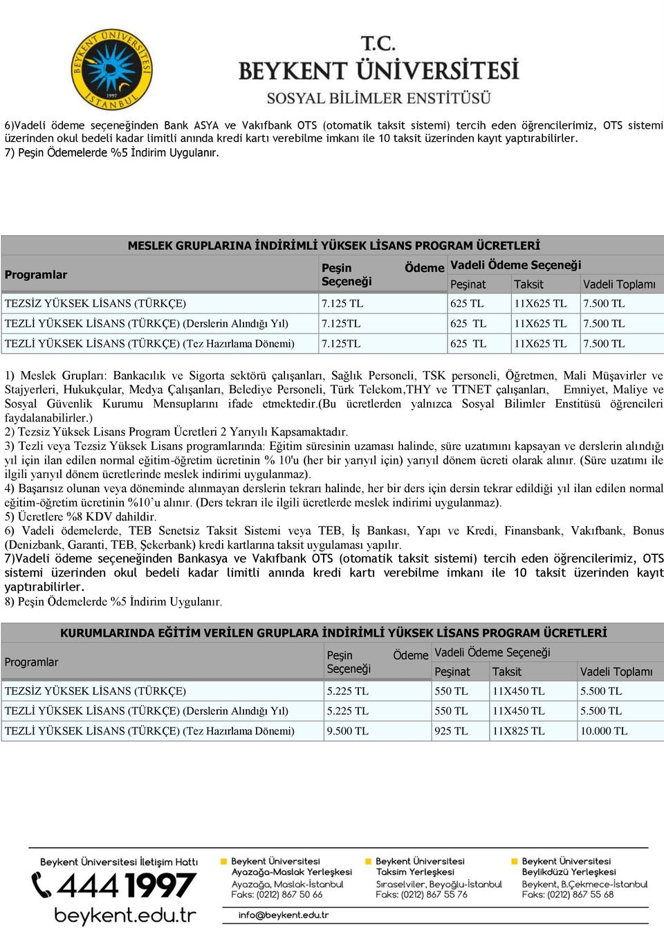 Programlar MESLEK GRUPLARINA İNDİRİMLİ YÜKSEK LİSANS PROGRAM ÜCRETLERİ Peşin Seçeneği Ödeme Vadeli Ödeme Seçeneği Peşinat Taksit Vadeli Toplamı TEZSİZ YÜKSEK LİSANS (TÜRKÇE) 7.