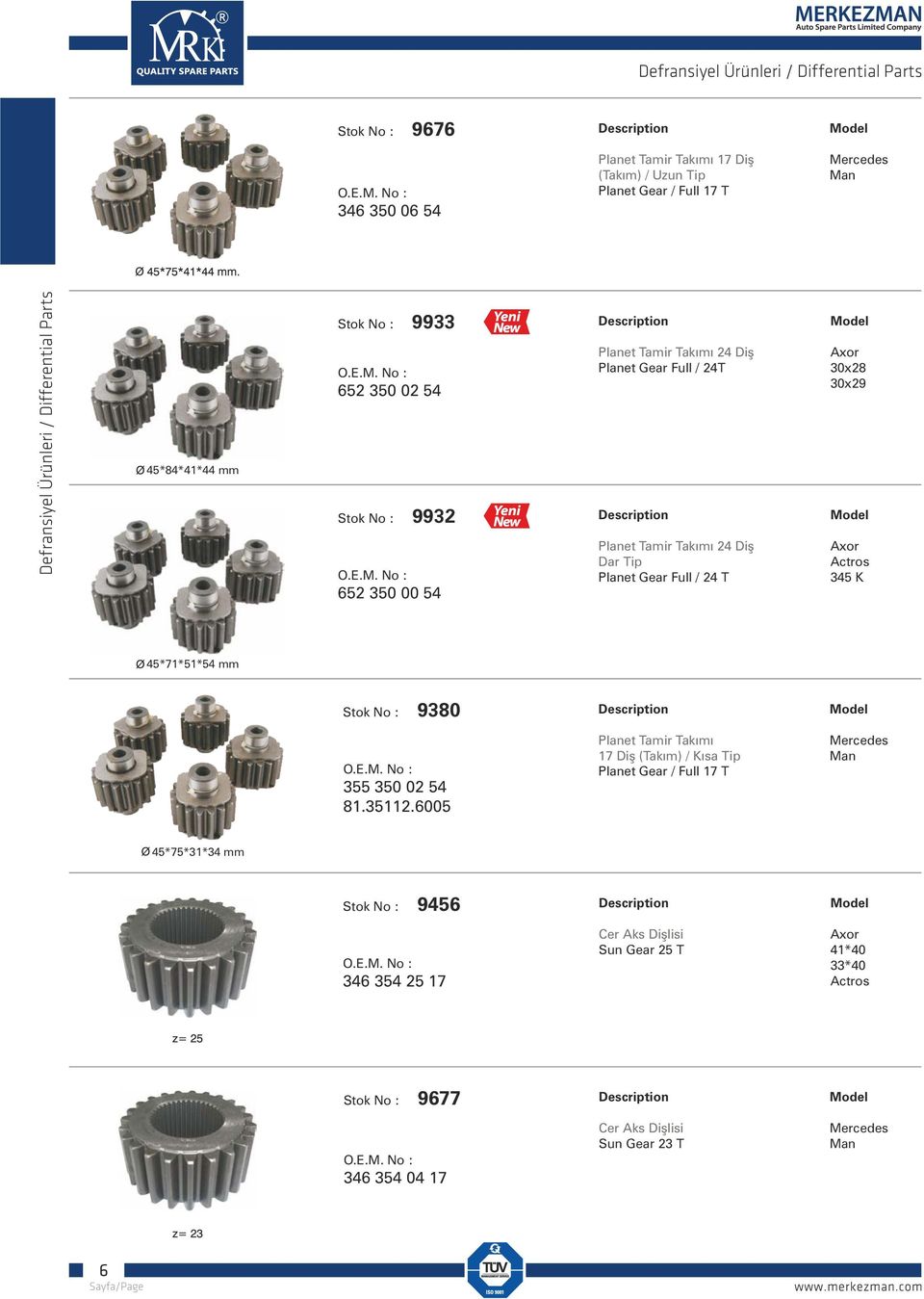 Diş Dar Tip Planet Gear Full / 24 T 30x28 30x29 Actros 345 K 45*71*51*54 mm Stok No : 9380 355 350 02 54 81.35112.