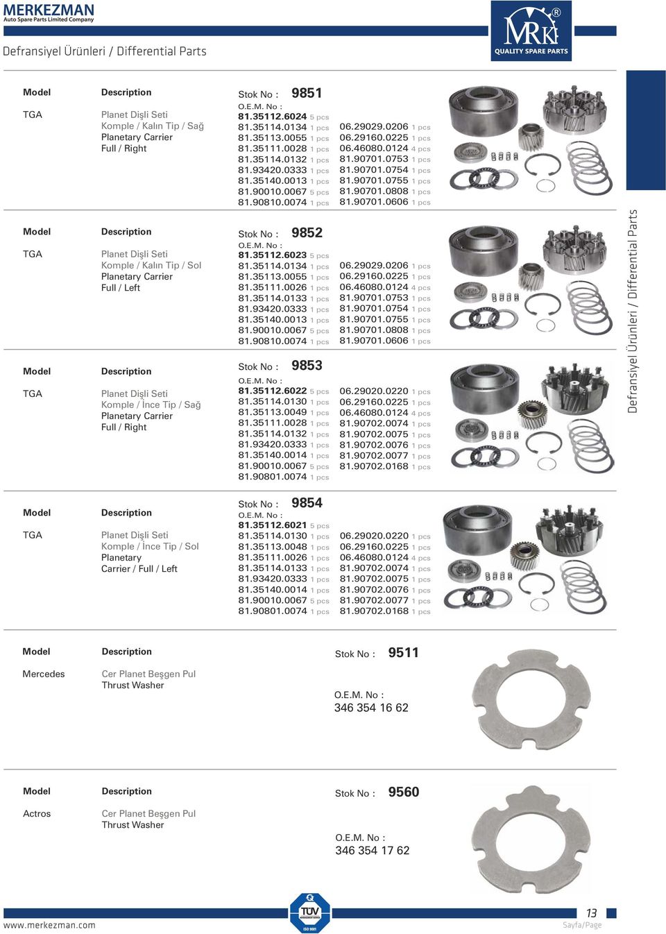 90701.0755 1 pcs 81.90701.0808 1 pcs 81.90701.0606 1 pcs Planet Dişli Seti Komple / Kalın Tip / Sol Planetary Carrier Full / Left Planet Dişli Seti Komple / İnce Tip / Sağ Planetary Carrier Full / Right Stok No : 9852 81.