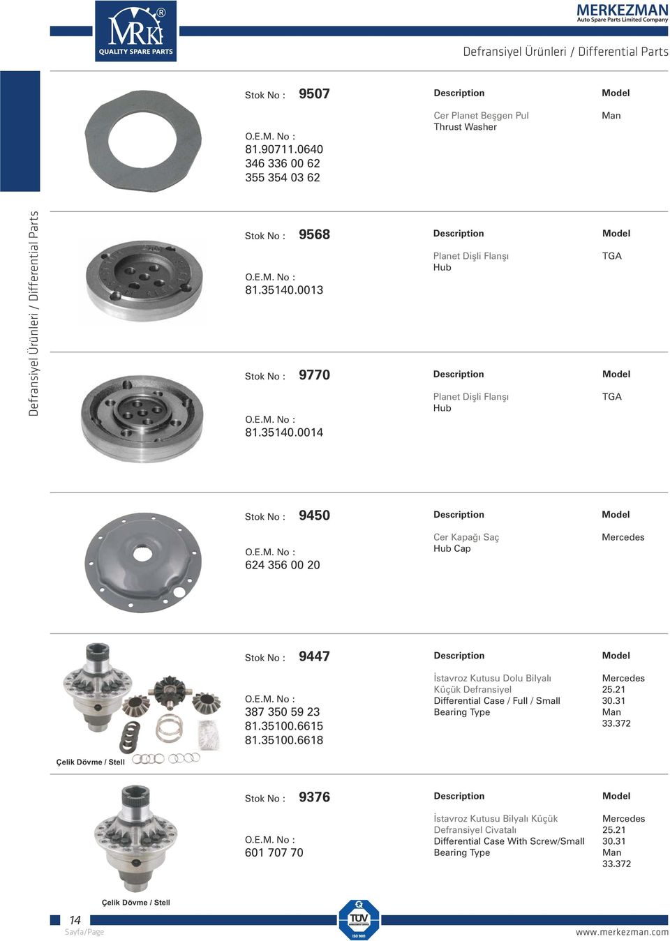 00 Stok No : 9770 81.35140.0014 Planet Dişli Flanşı Hub Planet Dişli Flanşı Hub Stok No : 9450 624 356 00 20 Cer Kapağı Saç Hub Cap Stok No : 9447 387 350 59 23 81.35100.