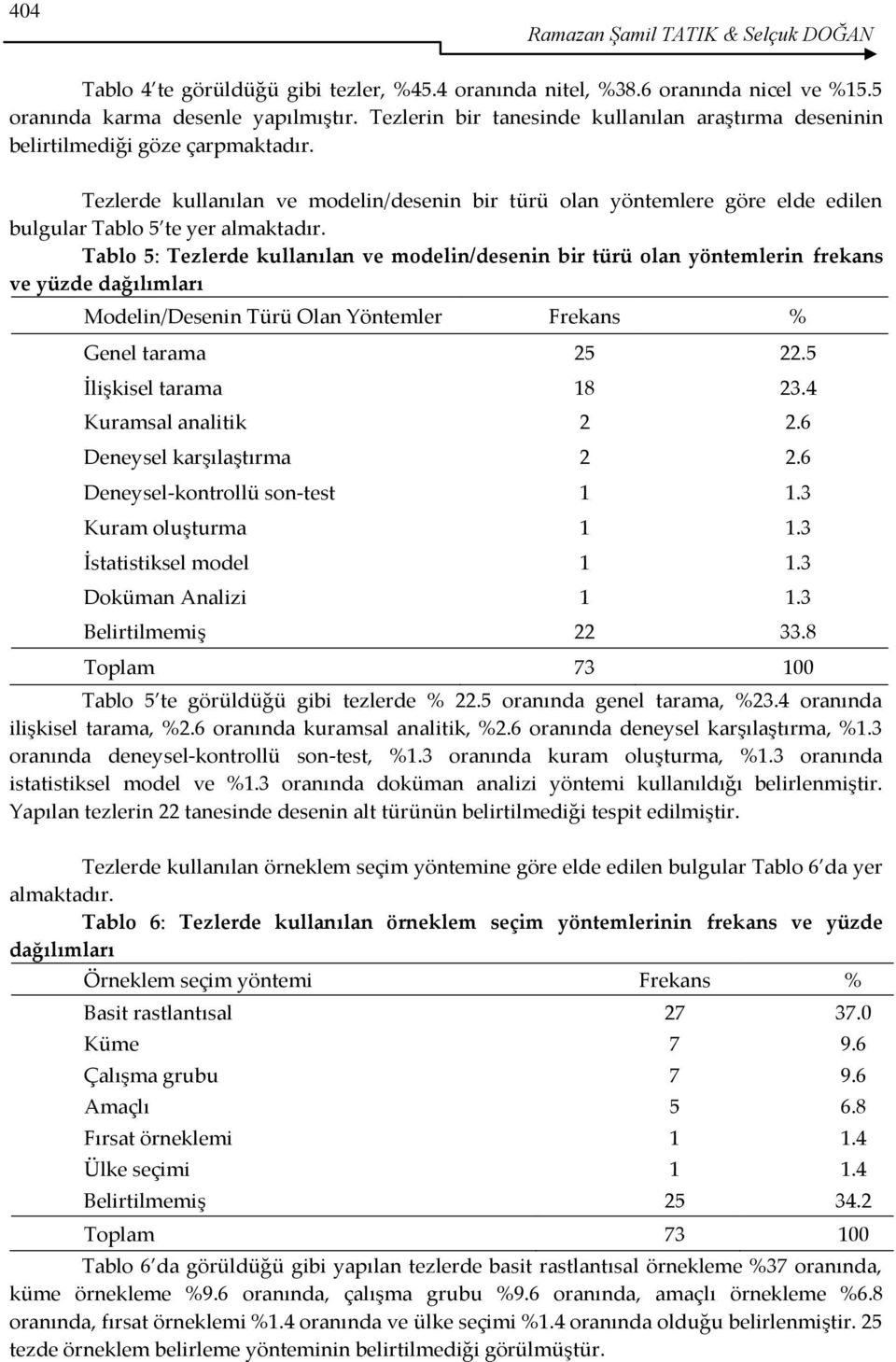 Tezlerde kullanılan ve modelin/desenin bir türü olan yöntemlere göre elde edilen bulgular Tablo 5 te yer almaktadır.