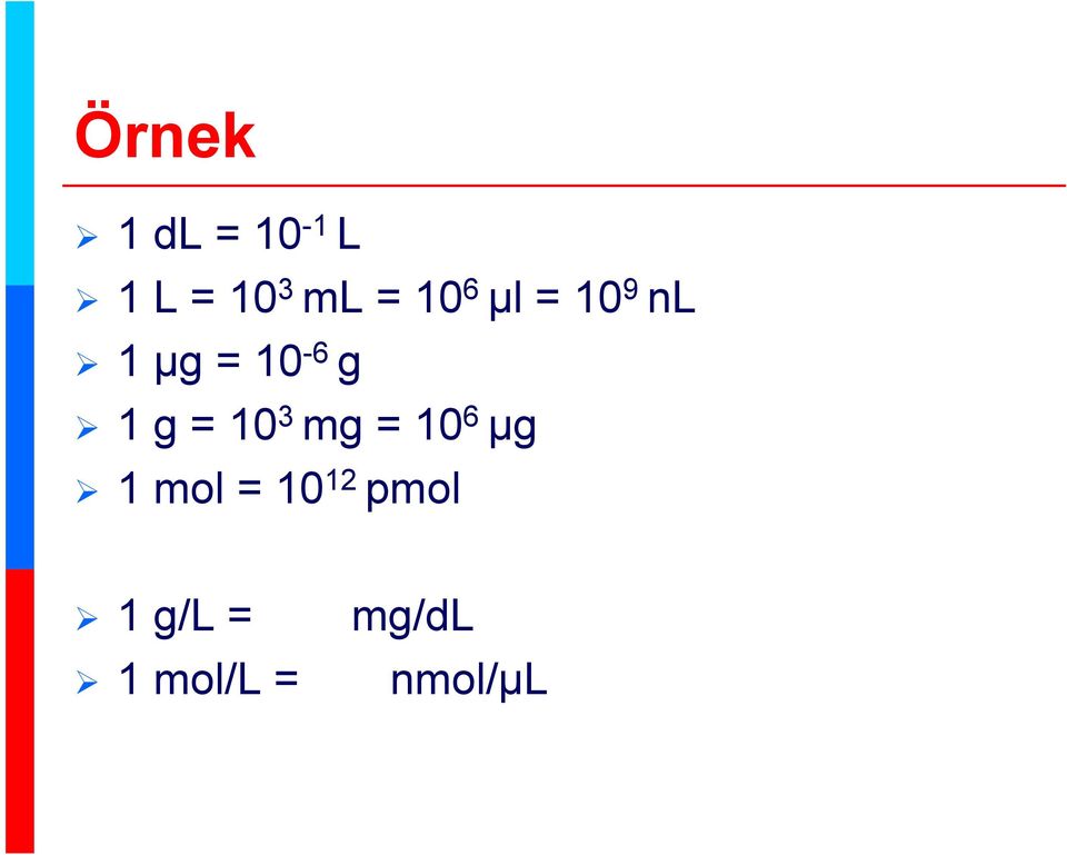 10 3 mg = 10 6 μg 1 mol = 10 12 pmol