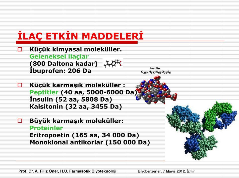 moleküller : Peptitler (40 aa, 5000-6000 Da) İnsulin (52 aa, 5808 Da) Kalsitonin