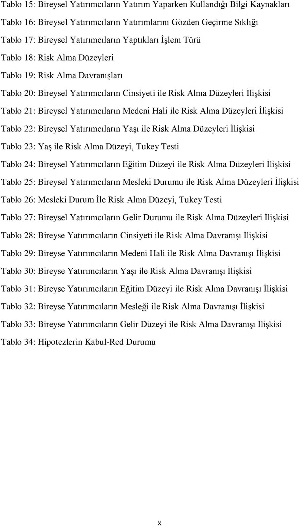 ile Risk Alma Düzeyleri İlişkisi Tablo 22: Bireysel Yatırımcıların Yaşı ile Risk Alma Düzeyleri İlişkisi Tablo 23: Yaş ile Risk Alma Düzeyi, Tukey Testi Tablo 24: Bireysel Yatırımcıların Eğitim