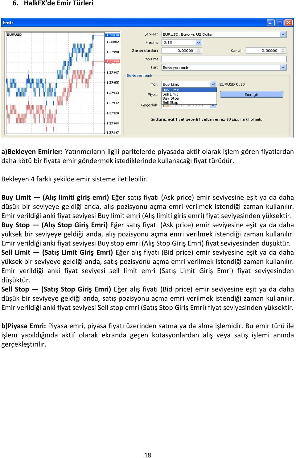 Buy Limit (Alış limiti giriş emri) Eğer satış fiyatı (Ask price) emir seviyesine eşit ya da daha düşük bir seviyeye geldiği anda, alış pozisyonu açma emri verilmek istendiği zaman kullanılır.