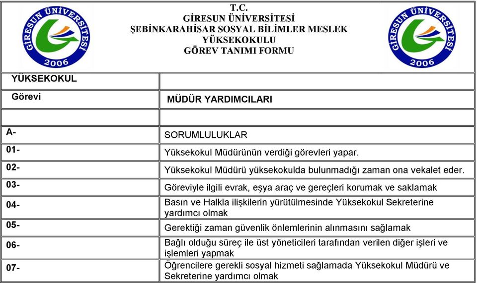 03- Göreviyle ilgili evrak, eşya araç ve gereçleri korumak ve saklamak 04- Basın ve Halkla ilişkilerin yürütülmesinde Sekreterine yardımcı olmak 05-