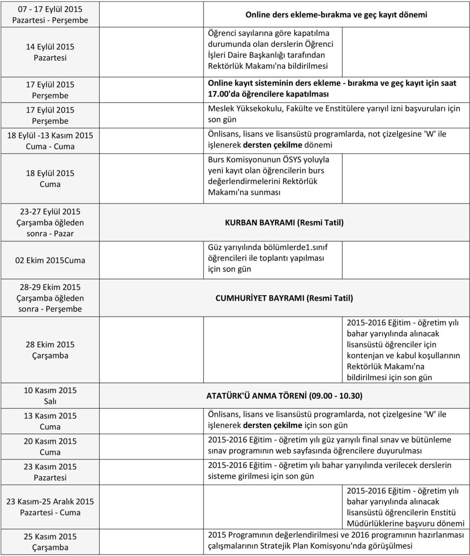 Öğrenci İşleri Daire Başkanlığı tarafından Rektörlük Makamı'na bildirilmesi Online kayıt sisteminin ders ekleme - bırakma ve geç kayıt için saat 17.