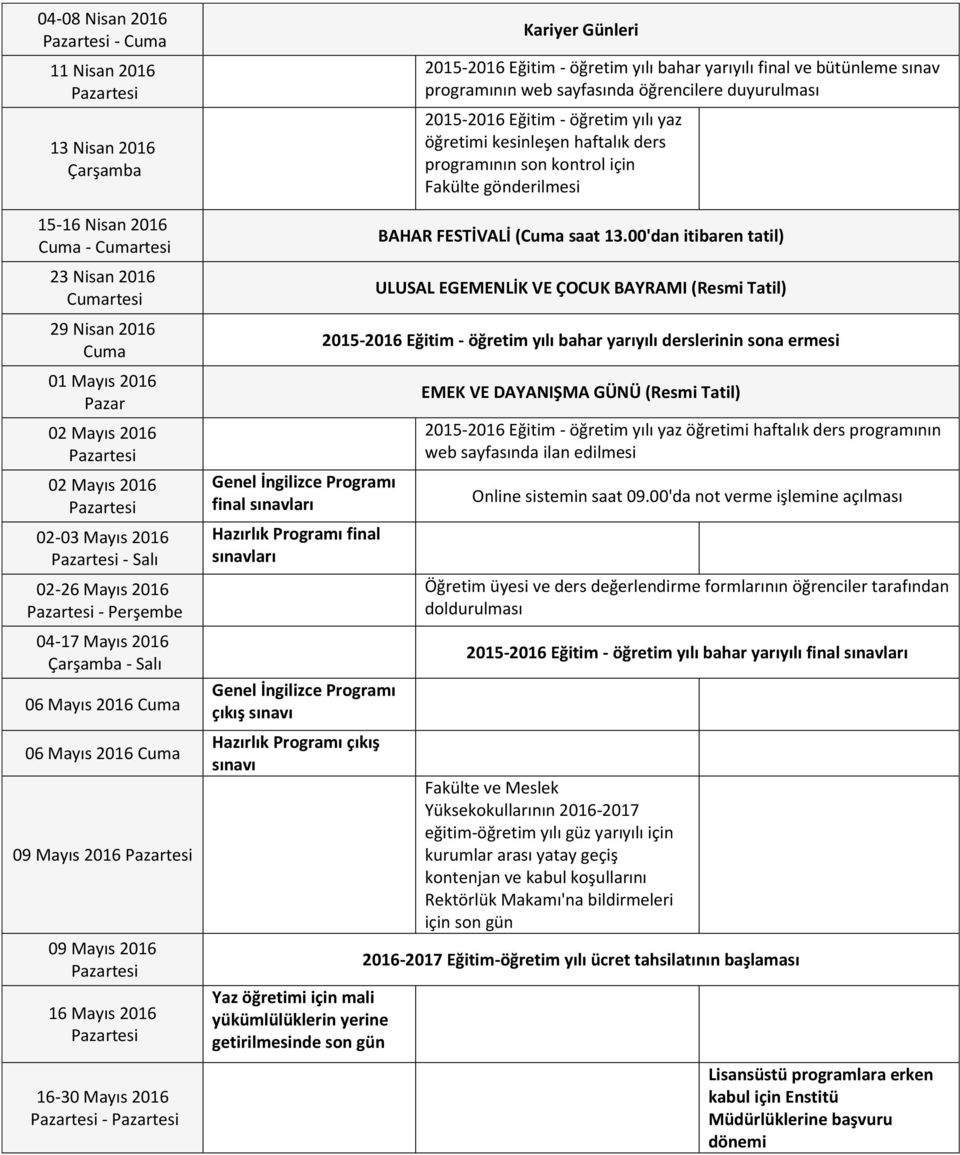 sınavı Hazırlık Programı çıkış sınavı Yaz öğretimi için mali yükümlülüklerin yerine getirilmesinde son gün Kariyer Günleri 2015-2016 Eğitim - öğretim yılı bahar yarıyılı final ve bütünleme sınav