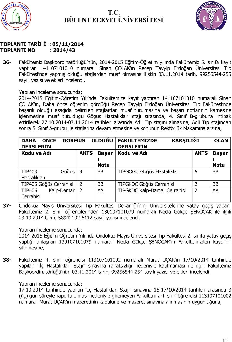 014-015 Eğitim-Öğretim Yılı nda Fakültemize kayıt yaptıran 141107101010 numaralı Sinan ÇOLAK ın, Daha önce öğrenim gördüğü Recep Tayyip Erdoğan Üniversitesi Tıp Fakültesi nde başarılı olduğu aşağıda