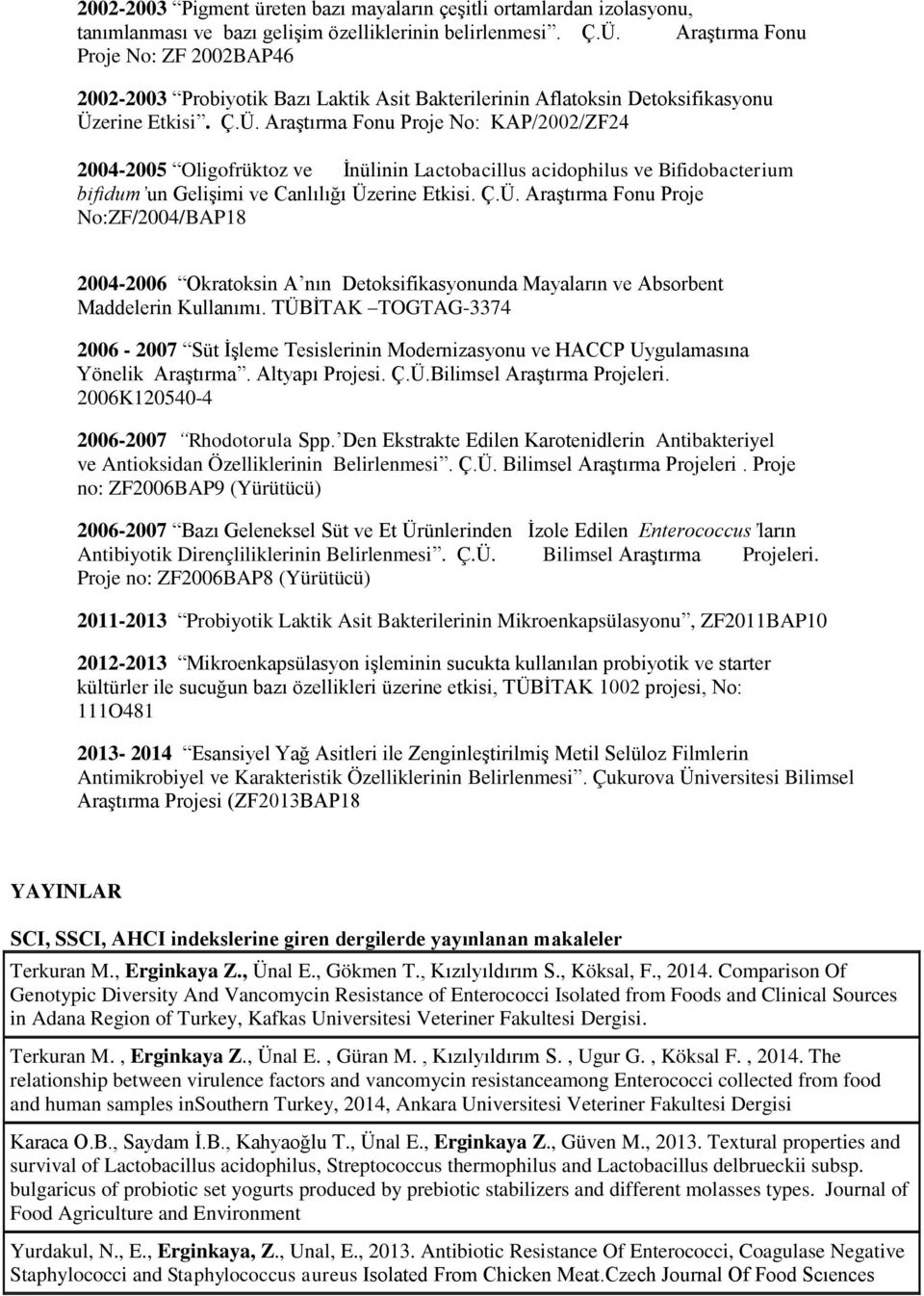 erine Etkisi. Ç.Ü. Araştırma Fonu Proje No: KAP/2002/ZF24 2004-2005 Oligofrüktoz ve İnülinin Lactobacillus acidophilus ve Bifidobacterium bifidum un Gelişimi ve Canlılığı Üzerine Etkisi. Ç.Ü. Araştırma Fonu Proje No:ZF/2004/BAP18 2004-2006 Okratoksin A nın Detoksifikasyonunda Mayaların ve Absorbent Maddelerin Kullanımı.