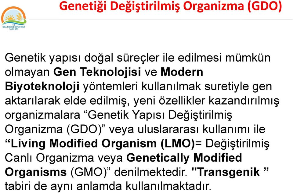 Genetik Yapısı Değiştirilmiş Organizma (GDO) veya uluslararası kullanımı ile Living Modified Organism (LMO)= Değiştirilmiş
