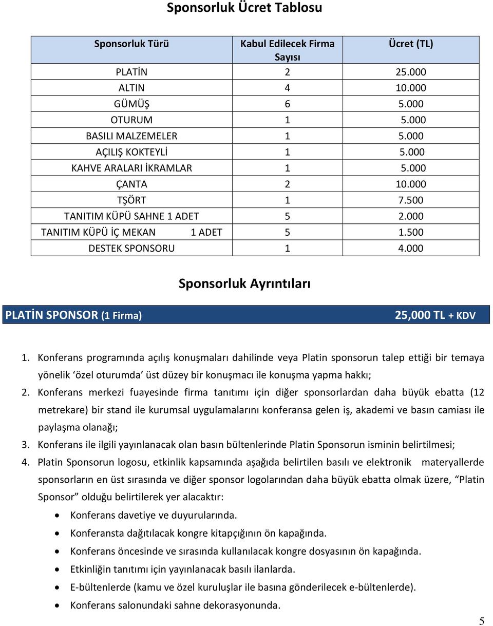 000 Sponsorluk Ayrıntıları PLATİN SPONSOR (1 Firma) 25,000 TL + KDV 1.