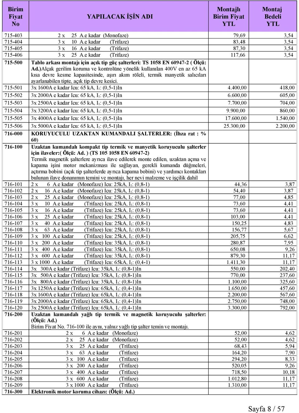 )Alçak gerilim koruma ve kontrolüne yönelik kullanılan 400V en az 65 ka kısa devre kesme kapasitesinde, aşırı akım röleli, termik manyetik salıcıları ayarlanabilen tipte, açık tip devre kesici.