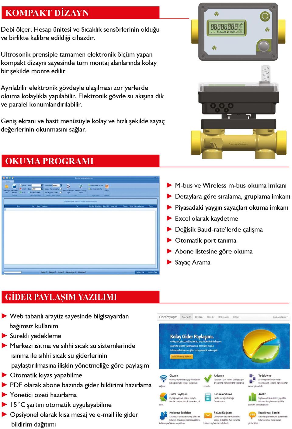 Ayrılabilir elektronik gövdeyle ulaşılması zor yerlerde okuma kolaylıkla yapılabilir. Elektronik gövde su akışına dik ve paralel konumlandırılabilir.